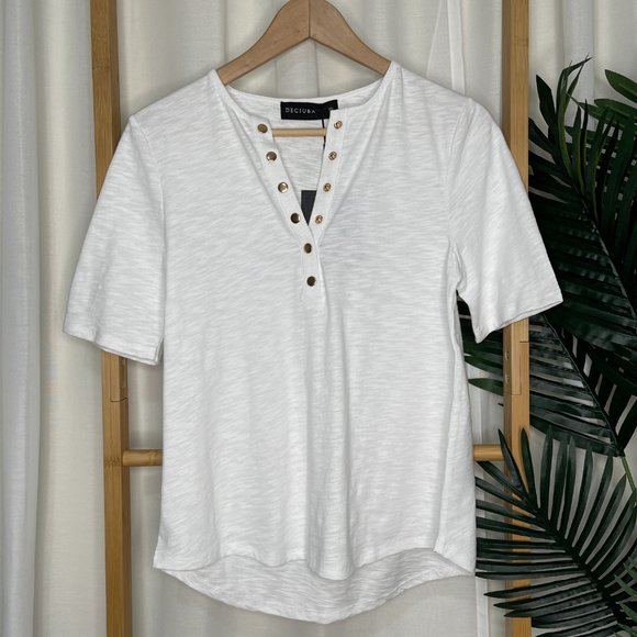 SOLD NWT Decjuba White Henley T-Shirt Top Tee Size XS Cotton Slub Short Sleeve - Picture 2 of 12